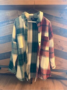 Dressed in LALA Half & Half Plaid Flannel Shirt in Green and Maroon - M